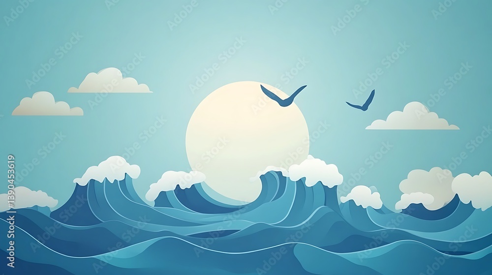 Fototapeta premium Paper art ocean waves, sun, and birds.