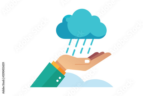 A hand reaches up to hold a bright cloud from which rain is falling, illustrating concepts of weather and nature in a modern artistic style.