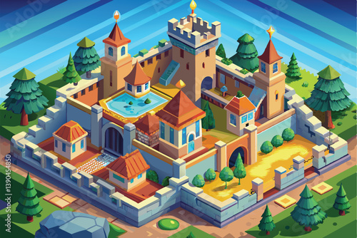 In a colorful landscape, a detailed castle with multiple towers and a pool stands surrounded by greenery and trees, creating a peaceful and captivating fantasy setting.