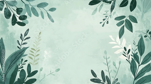 Teal green leaves border background.