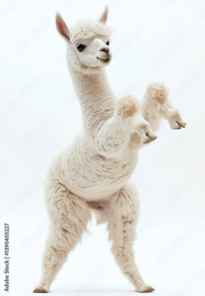 Obraz premium alpaca , stand up by two legs and funny dance , smile, realistic , full body, natural light, full hd 8K, white isolated background,
