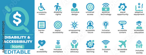 Editable disability and accessibility vector set with icons of mobility, inclusion, and assistive tech ideal for digital and print
