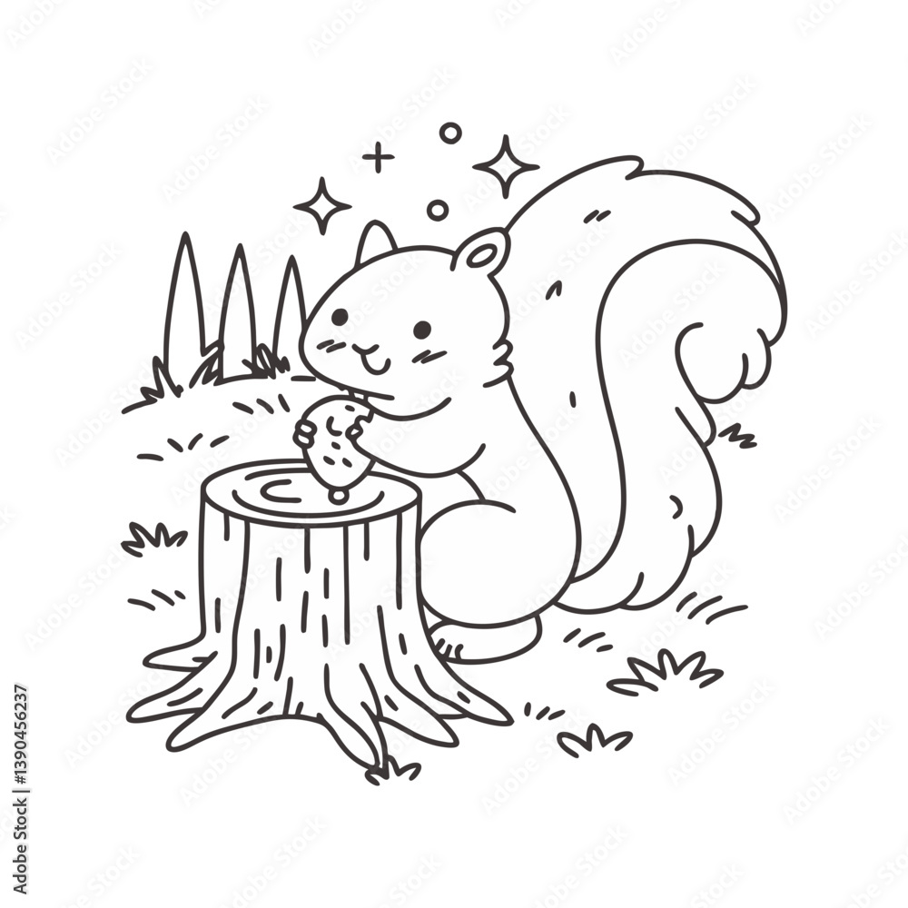 Naklejka premium Minimal vector illustration of a cute squirrel eating on a tree stump with sparkles, capturing woodland charm and autumn forest vibes.