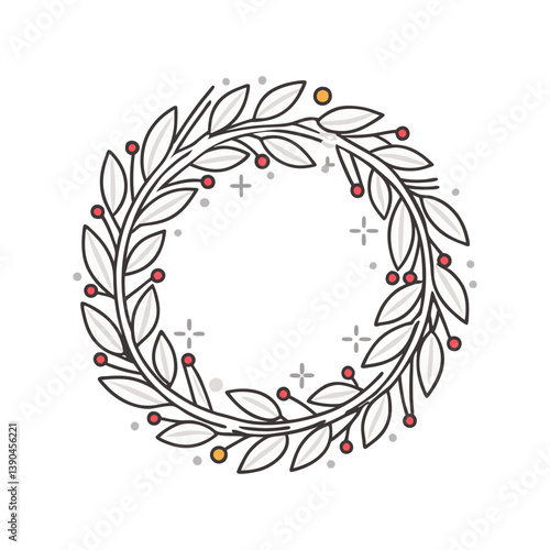 Minimal vector illustration of a festive wreath with leaves and berries, symbolizing holiday decor, seasonal celebration, and natural elegance.