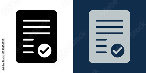 Document approval icon. Contract paper with check mark symbol. Legal form validation, confirmed report or signed file icon in flat black and blue style for business, office and corporate use.