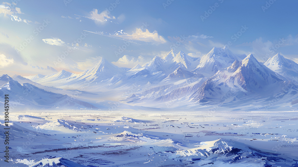 Obraz premium A scenic vista of snow covered mountains under a bright sky with scattered clouds painting a winter landscape .