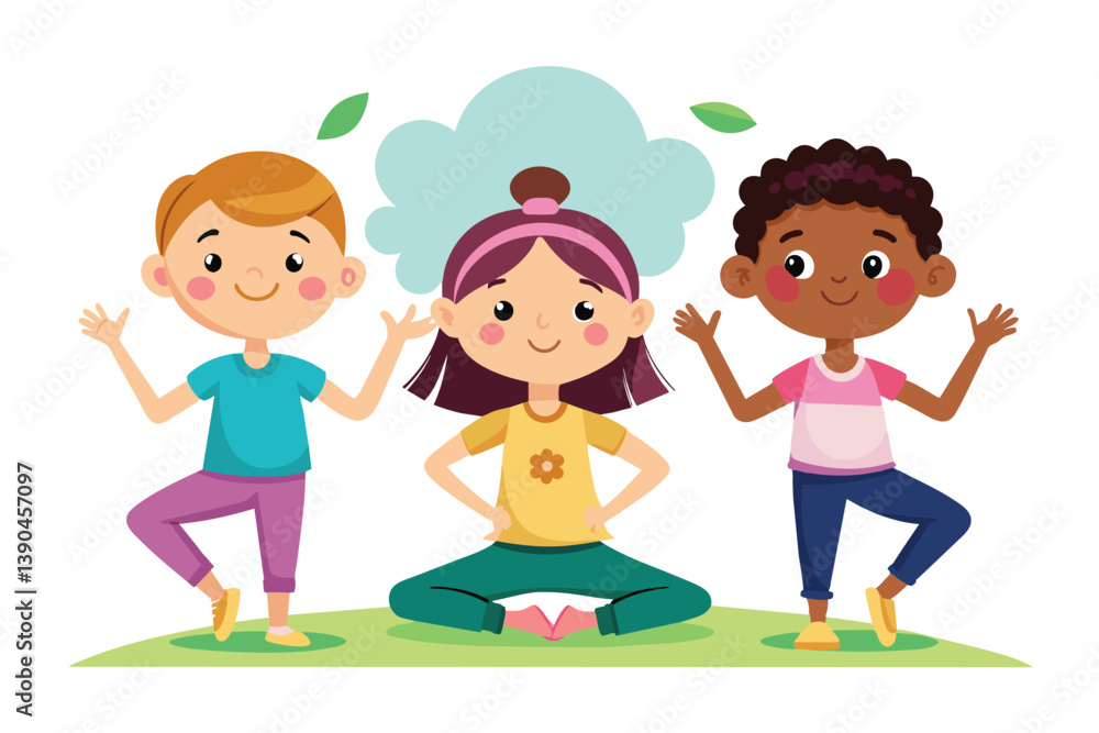 Three children enjoy practicing yoga in a vibrant illustration, showcasing their poses and cheerful expressions in a natural, green setting. Three children enjoy practicing yoga in a vibrant illustration, showcasing their poses and cheerful expressions in a natural, green setting.