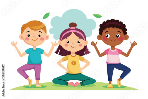 Three children enjoy practicing yoga in a vibrant illustration, showcasing their poses and cheerful expressions in a natural, green setting.