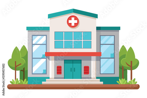 A bright and inviting hospital building features large windows and a prominent red cross, set among green trees and landscaped surroundings, representing accessible health care.