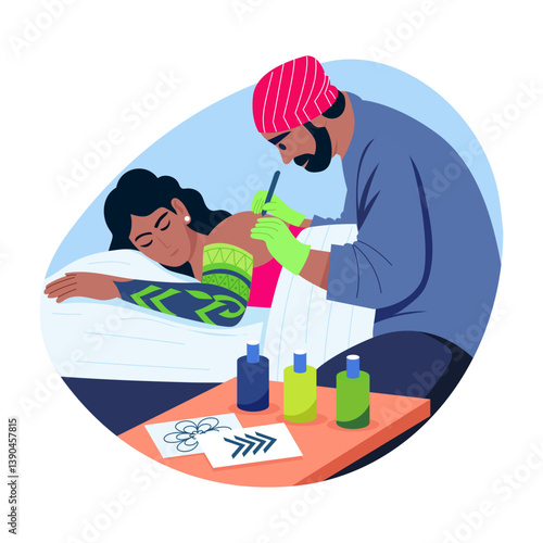 Flat style illustration of a professional tattoo artist