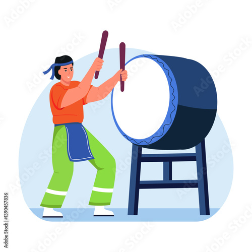 A flat style illustration of a traditional drummer