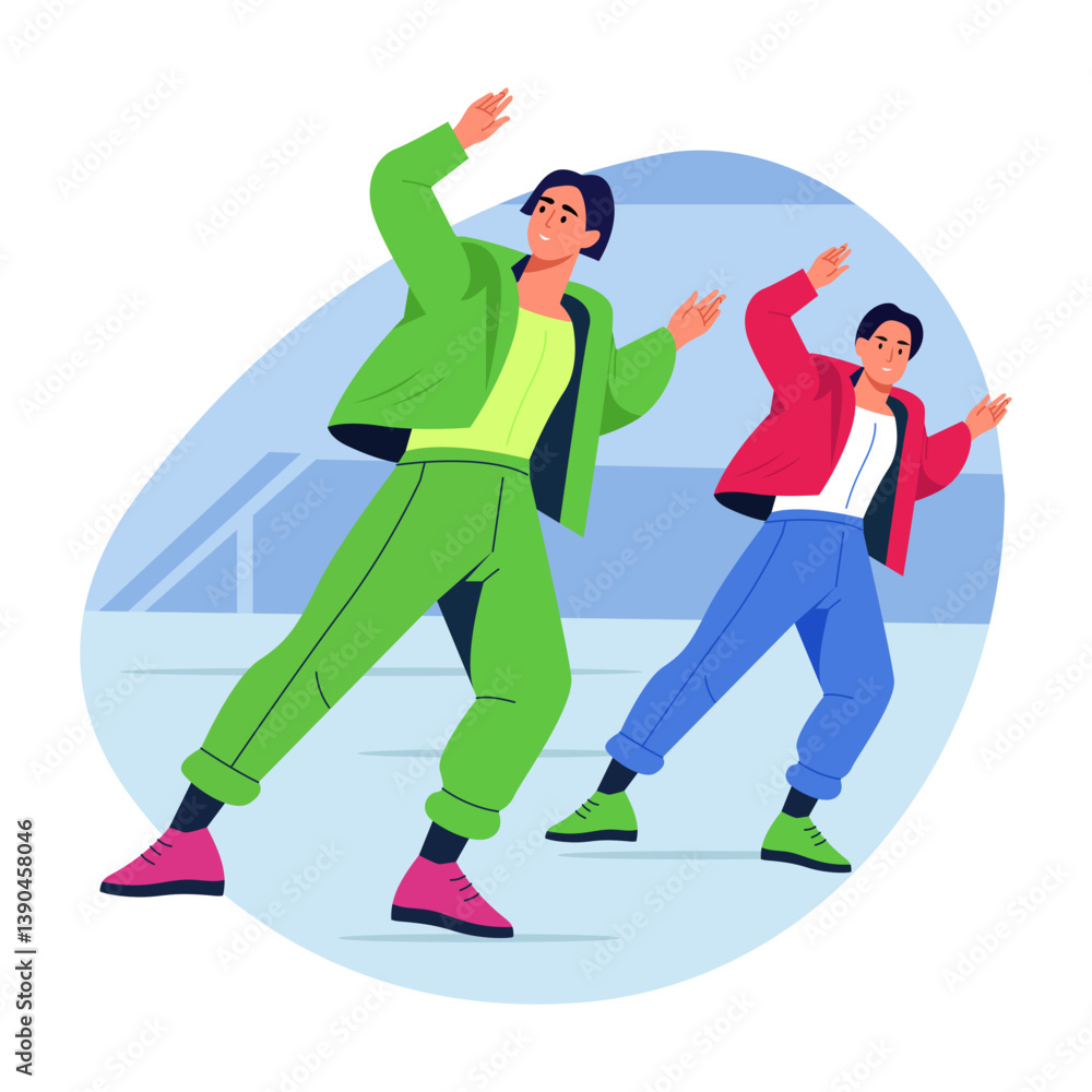 Fototapeta premium Two character doing kpop dance, flat style illustration