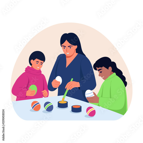 A family doing egg painting on easter, flat, illustration