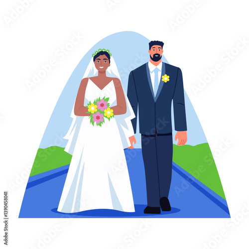 A flat style illustration of a traditional wedding couple