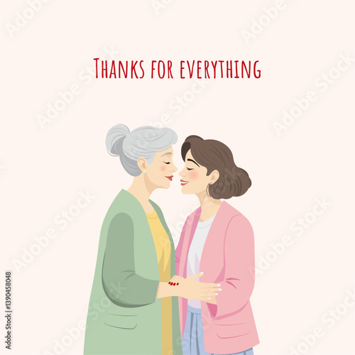 Elderly Mother with Adult Daughter. Mother and Daughter Embracing with Love. Vector illustration. Banner, Greeting card.