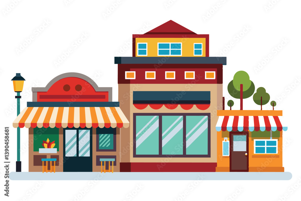 This vibrant urban illustration features three charming storefronts, each with unique designs, outdoor seating, and colorful awnings, creating a lively atmosphere. This vibrant urban illustration features three charming storefronts, each with unique designs, outdoor seating, and colorful awnings, creating a lively atmosphere.