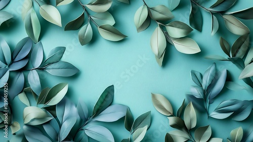 Teal leaves frame on turquoise background.