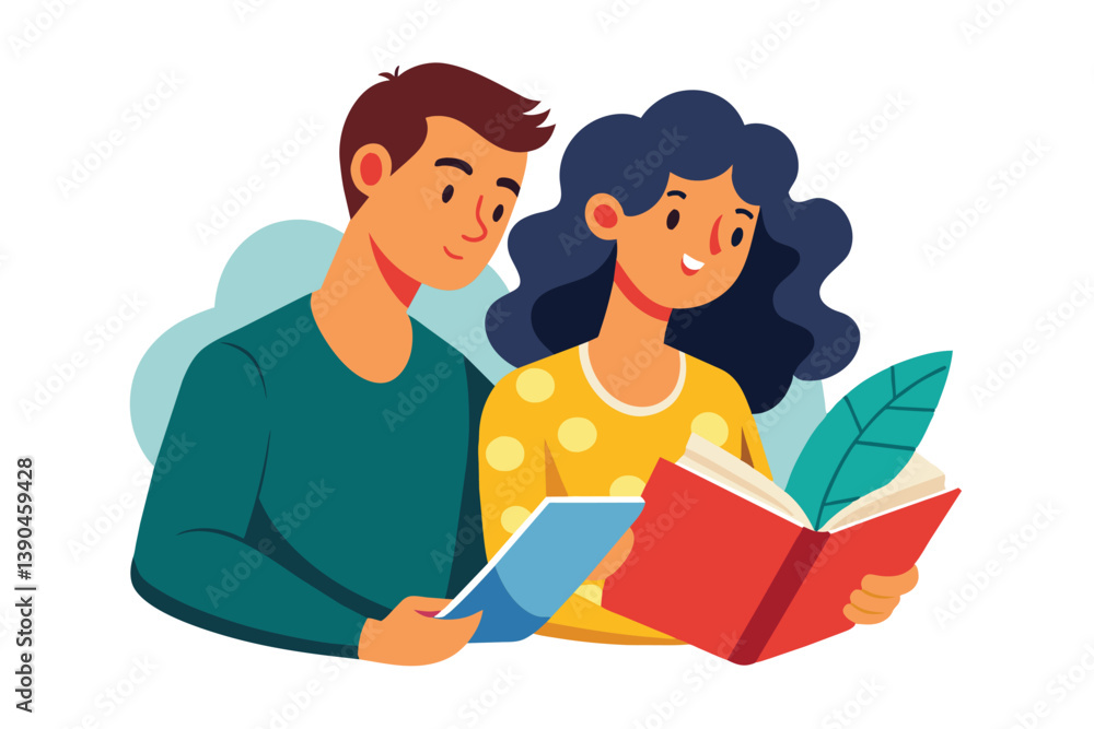 The young couple shares a moment of connection as they read books side by side, immersed in their stories with smiles and relaxation in their home environment. The young couple shares a moment of connection as they read books side by side, immersed in their stories with smiles and relaxation in their home environment.