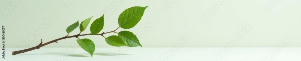 Fototapeta premium Isolated branch with leaves and twigs on a plain surface, simple, clean
