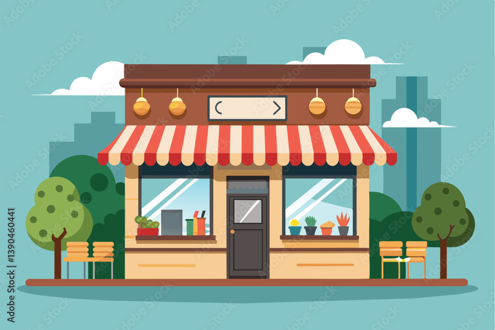 A quaint café features a striped awning, vibrant plants in the window, and outdoor seating, set against a backdrop of city buildings and greenery. A quaint café features a striped awning, vibrant plants in the window, and outdoor seating, set against a backdrop of city buildings and greenery.