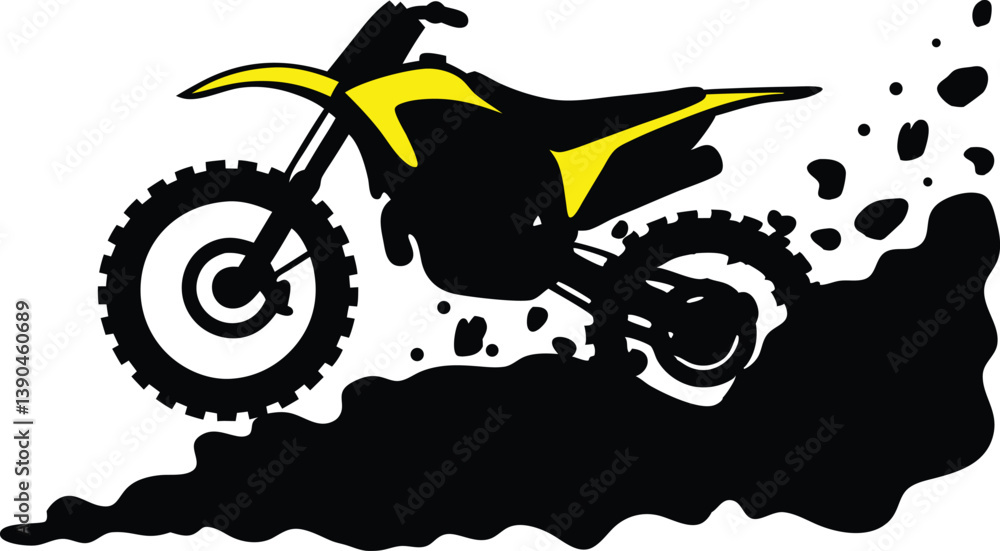 Obraz premium A gritty illustration of a yellow and black dirt bike in motion, with a textured effect showing a cloud of dust and debris trailing behind it
