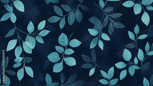 Teal leaves seamless pattern on dark background.