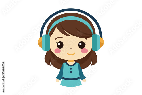 A young girl with brown hair and headphones smiles brightly while enjoying music, showcasing a delightful mood perfect for creative projects or childrenâ€™s content.
