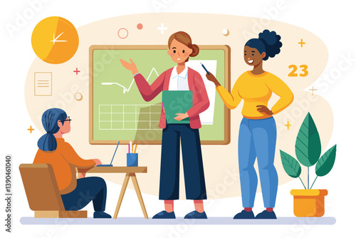 Two professionals are actively engaging and presenting data while a third participant takes notes. The modern office has charts and plants, creating an inviting workspace.