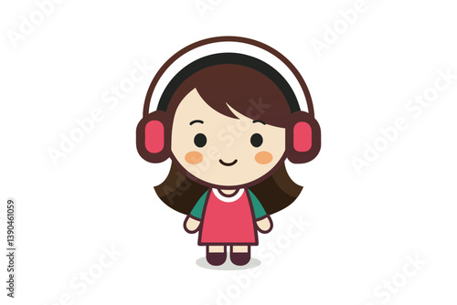 A cheerful cartoon girl with brown hair and pink headphones smiles while enjoying music, embodying a sense of joy and relaxation in her vibrant outfit.