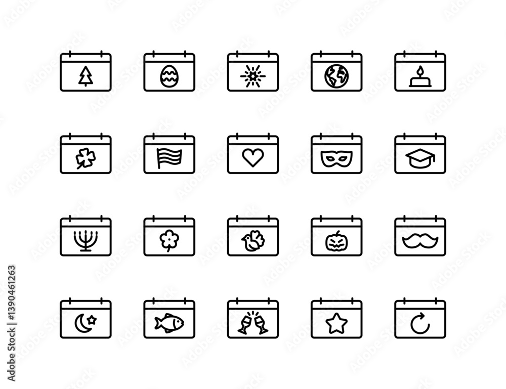 Events Calendar Vector Icon Set | Adjustable Line Weight | Holiday, celebration, seasons, festival, party, traditional, global, cultural, graduation, nature, romantic icons Events Calendar Vector Icon Set | Adjustable Line Weight | Holiday, celebration, seasons, festival, party, traditional, global, cultural, graduation, nature, romantic icons