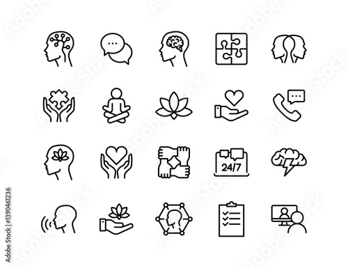 Mental Health & Therapy Vector Icon Set | Adjustable Line Weight | Brain, speech bubble, puzzle, conversation, meditation, lotus, support, call, empathy, 24/7, cloud thinking, checklist icons