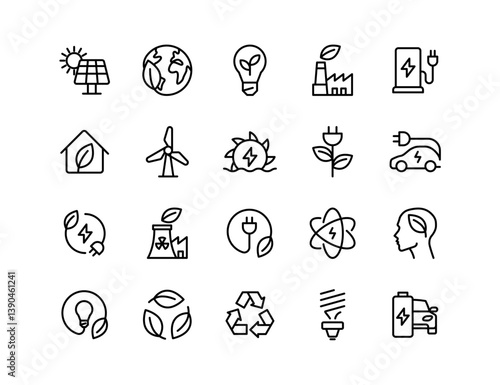 Alternative Energy Vector Icon Set | Adjustable Line Weight | Solar panel, globe, eco house, wind turbine, recycling, electric vehicle, factory, nuclear, geothermal, hydroelectric, innovation