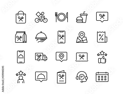 Food Delivery Vector Icon Set | Adjustable Line Weight | Shopping bag, bicycle delivery, dining, takeaway, menu, location, discount, mobile app, van, review, support icons