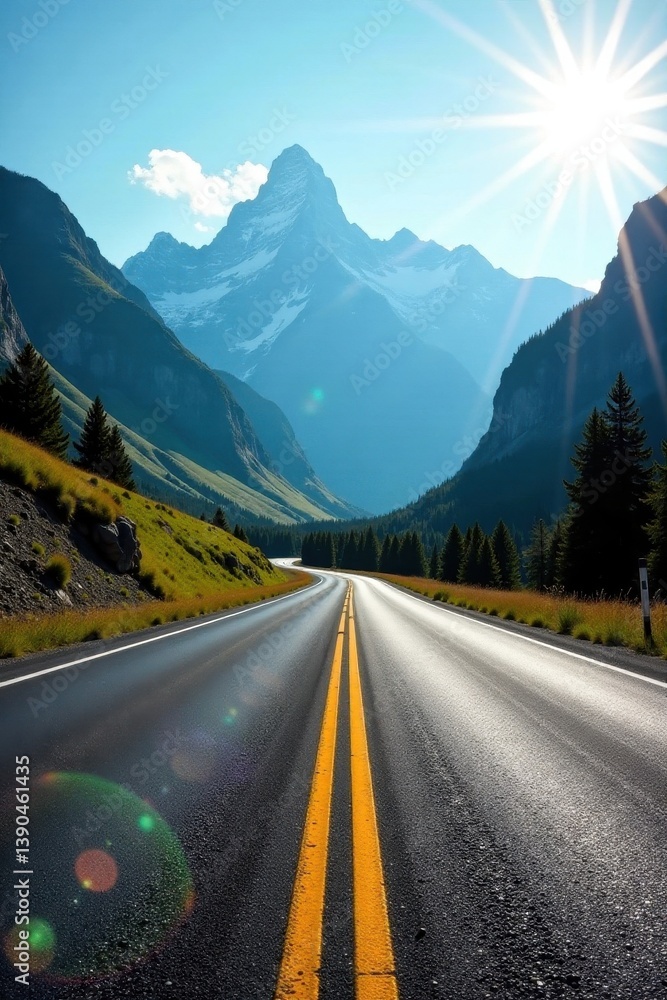 Fototapeta premium Sun-drenched asphalt ribbon cuts through majestic mountain vista , landscape, clear sky