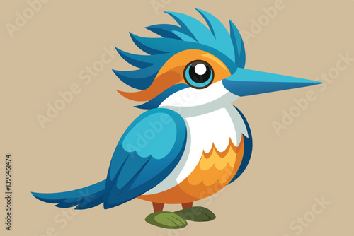 A cheerful, animated kingfisher showcases striking blue and orange plumage, featuring a rounded body and a distinct, elongated beak.