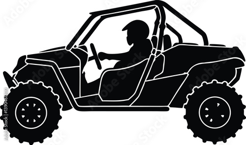 A vector illustration of a black side-by-side all-terrain vehicle with a roll cage, large off-road tires, and a driver wearing a full-face helmet 