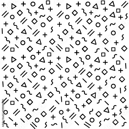 Seamless monochrome Memphis geometric pattern background with retro 80s and 90s abstract shapes including circles, triangles, squares, lines, and wavy elements