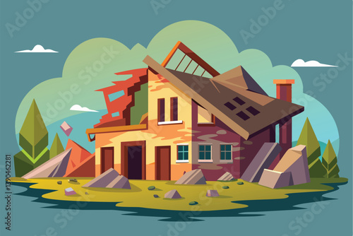An unsettling view of an abandoned house reveals its broken roof and crumbling walls, surrounded by grassy land and scattered stones under a serene blue sky.