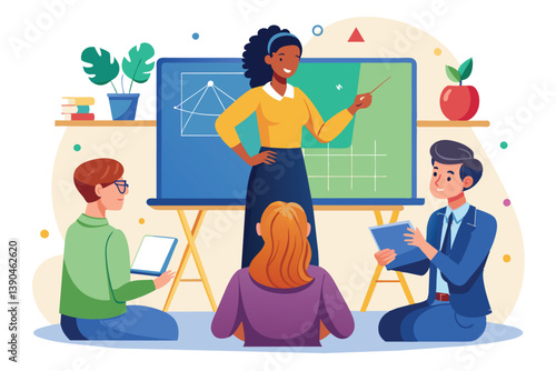 A teacher is presenting geometric concepts to four students sitting on the floor, with engaging visuals on the chalkboard, fostering an interactive learning atmosphere.