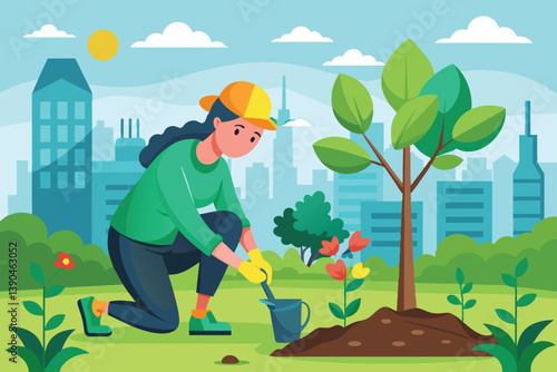 A woman kneels in a city park, planting flowers and caring for a young tree while surrounded by greenery and tall buildings under a bright sky.