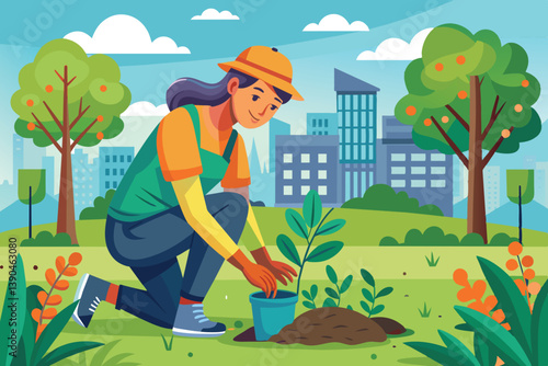 A woman kneels on grass, planting a sapling in a park filled with trees and colorful plants, while modern buildings rise in the background under a clear sky.