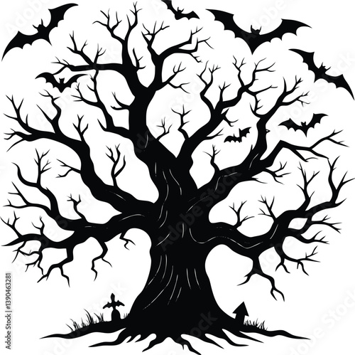Hollow Tree with Bats Silhouette Vector