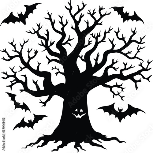 Hollow Tree with Bats Silhouette Vector