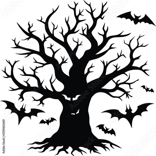 Hollow Tree with Bats Silhouette Vector