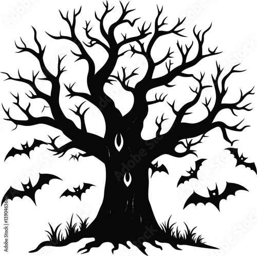 Hollow Tree with Bats Silhouette Vector