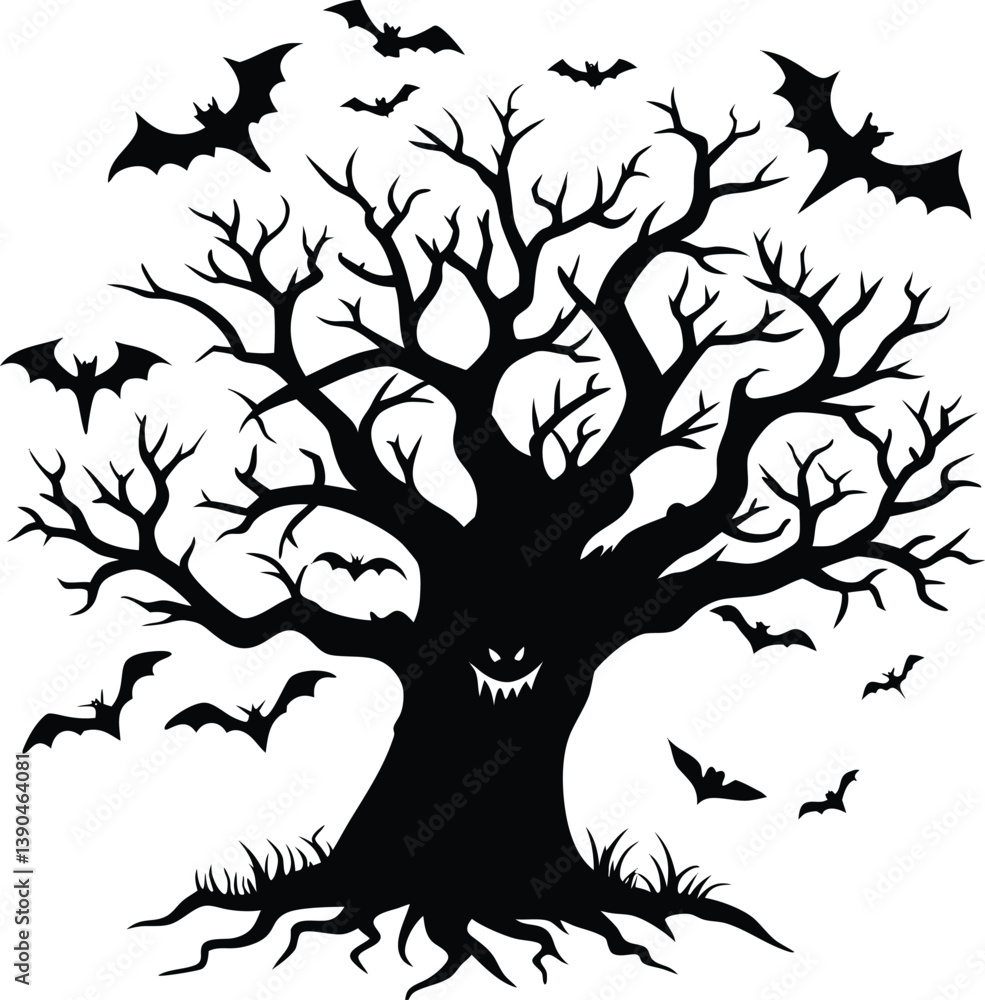 Hollow Tree with Bats Silhouette Vector Hollow Tree with Bats Silhouette Vector