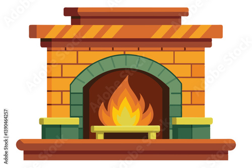 A cheerful fireplace radiates warmth with a bright flame, surrounded by an inviting brick structure and a simple wooden mantel, perfect for cozy winter evenings.