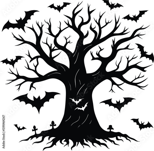Hollow Tree with Bats Silhouette Vector