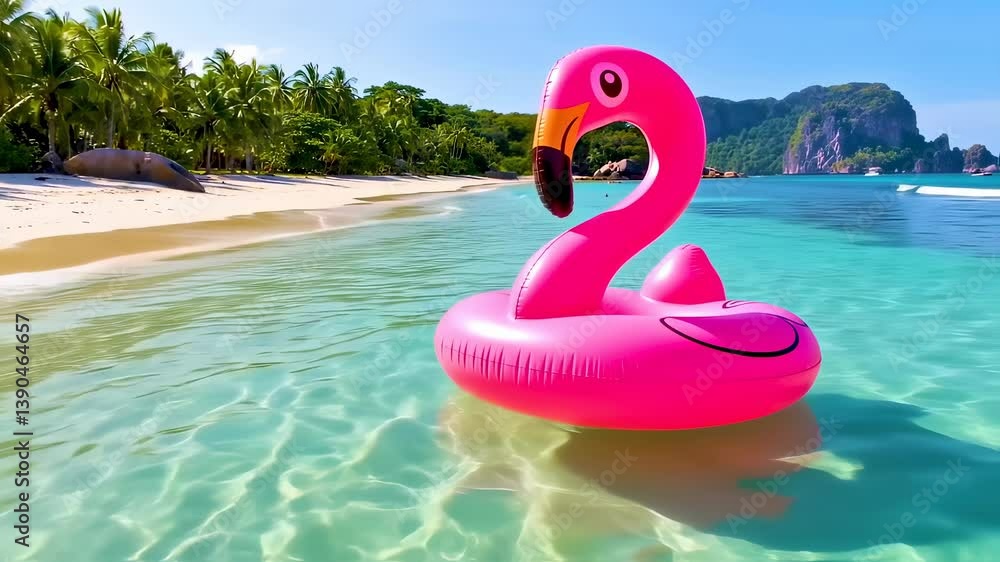 Pink flamingo inflatable float enjoying sunny weather on tropical beach near calm ocean waters with palm trees swaying Pink flamingo inflatable float enjoying sunny weather on tropical beach near calm ocean waters with palm trees swaying