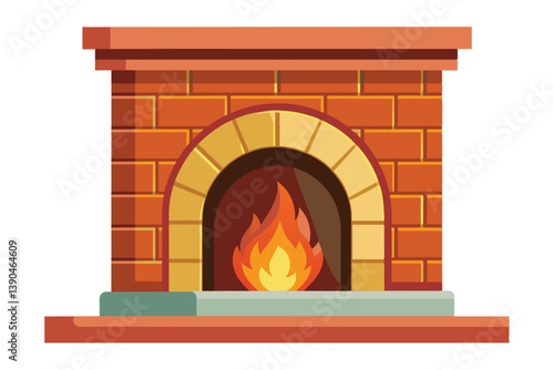 The bright flame flickers inside the brick fireplace, providing warmth and ambiance in a snug living room on a cold winter evening, inviting relaxation.